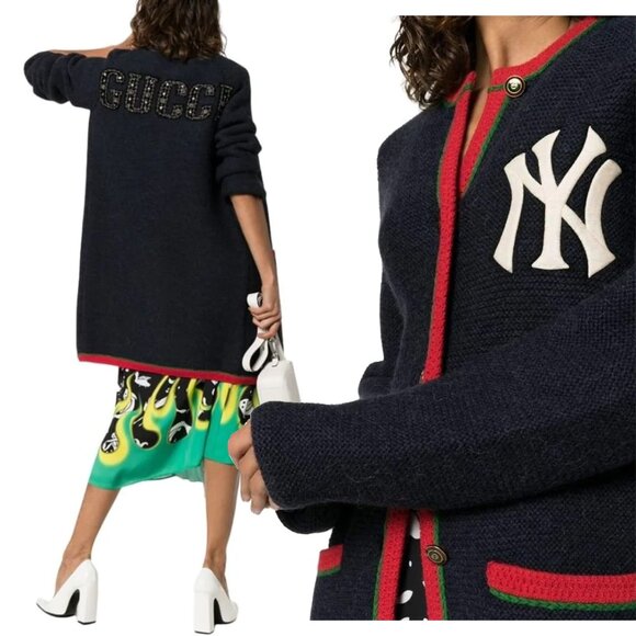 GUCCI CARDIGAN LONG SWEATER NY YANKEES LOGO PATCH WOOL ALPACA sz S SMALL - Picture 4 of 16